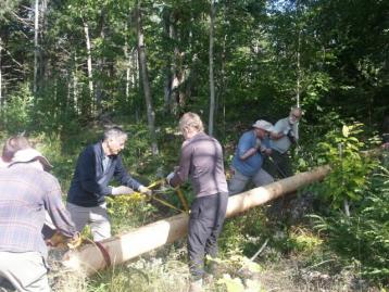 volunteers lifting log
