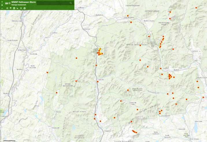 ArcGIS map for Storm Damage to Trails on the WMNF