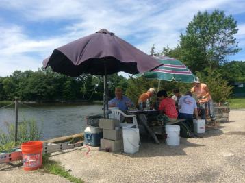 volunteers working on a dock