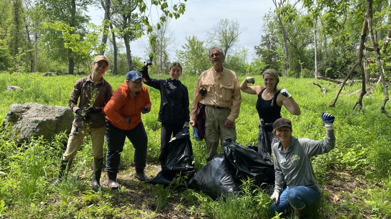 Volunteers with bags of garlic mustard