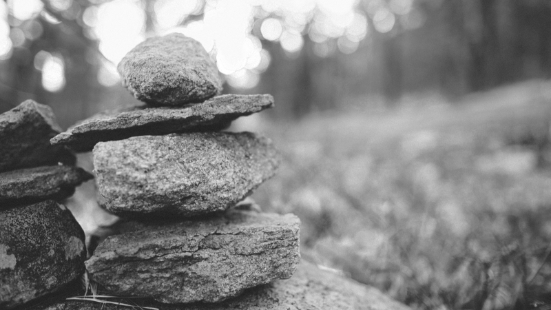 Black and white photo of a cairn