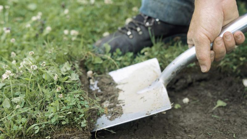 shovel scooping up grass