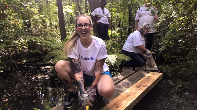 Volunteers building a bog bridge