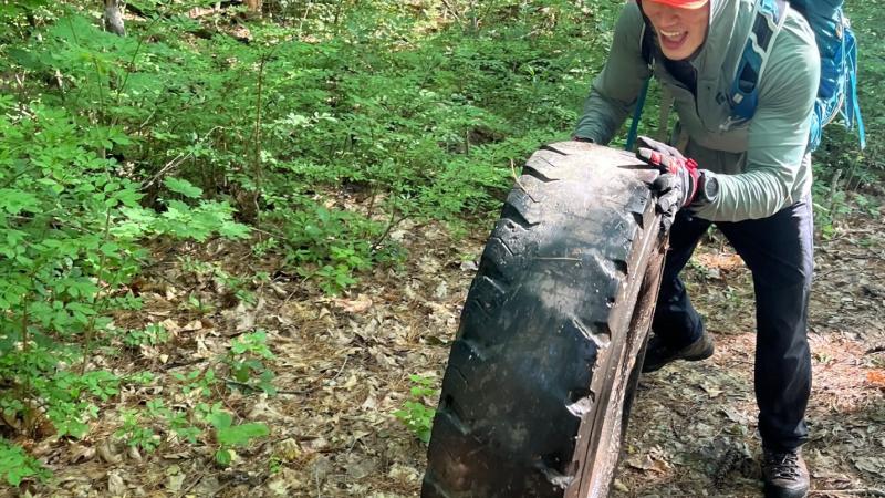 Volunteering moving large tire from forest