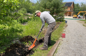 Volunteer planting plants with shovel