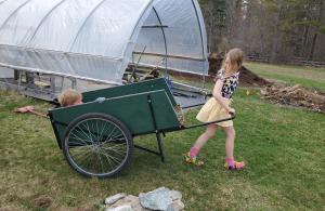 child pulling a cart in a garden