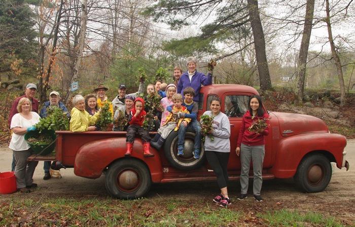 volunteers holding garlic mustard