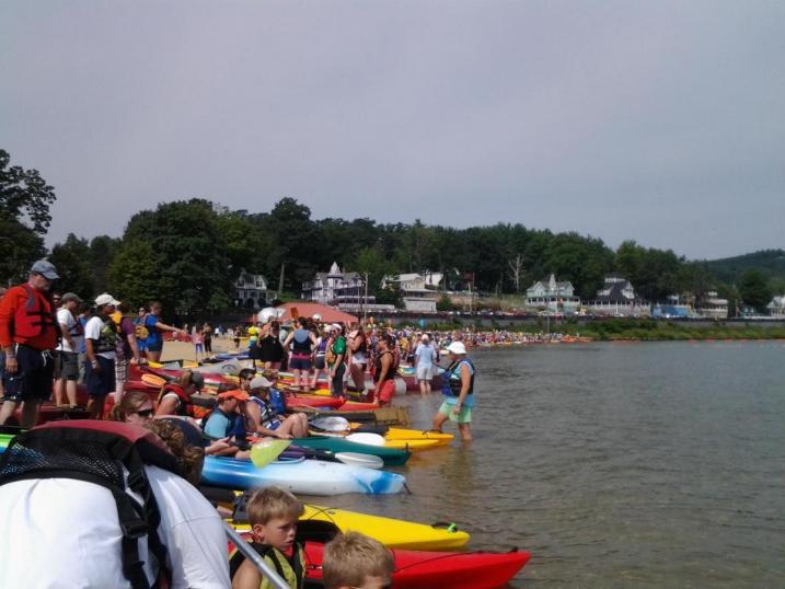 Canoes and kayaks lined the shore at Weirs Beach