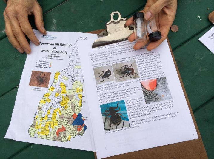 map of blacklegged tick distribution in NH and tick and ked info sheet for hunters.