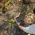 volunteer with iphone outdoors