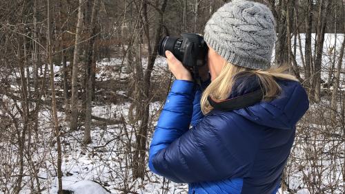 Person with camera in woods